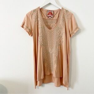 Johnny Was Kemi Knit Drape Top Pink Cotton Embroidered Shirt Size Small S